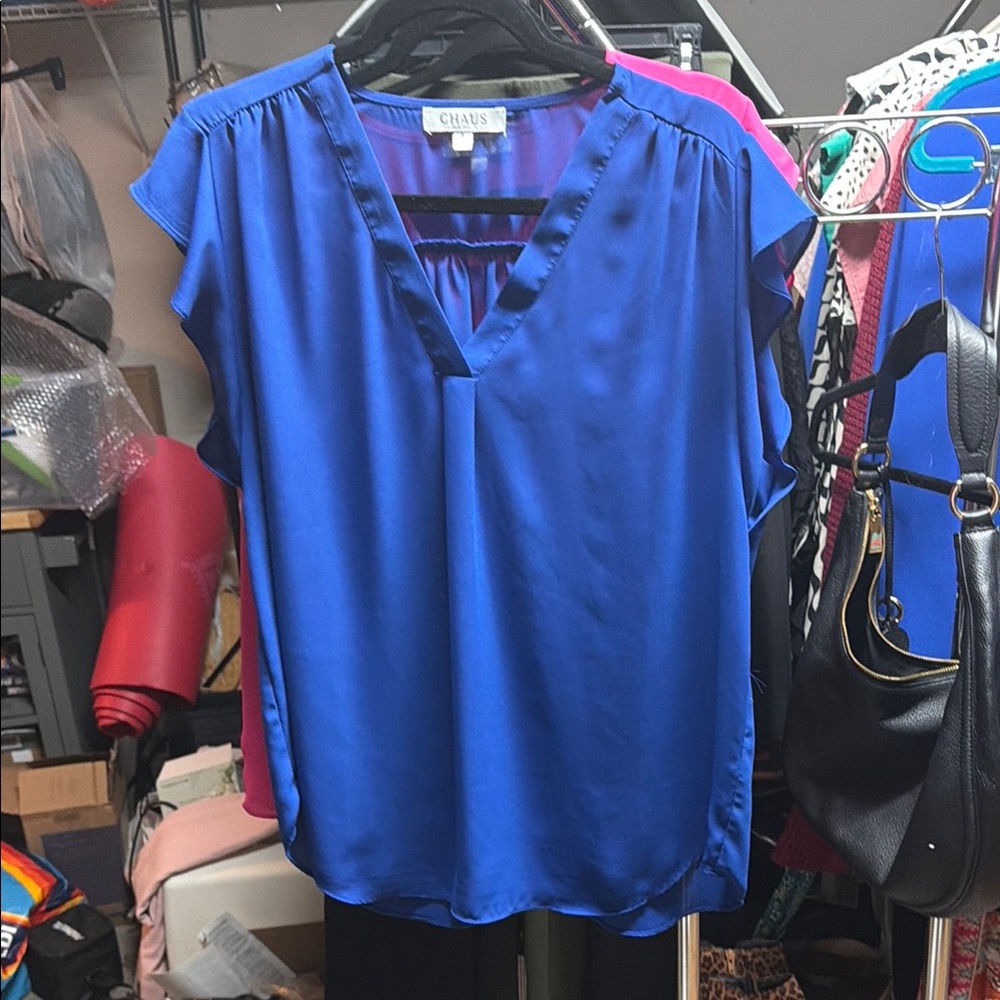 Chaus Sapphire Blue V-Neck Flutter Sleeve Blouse